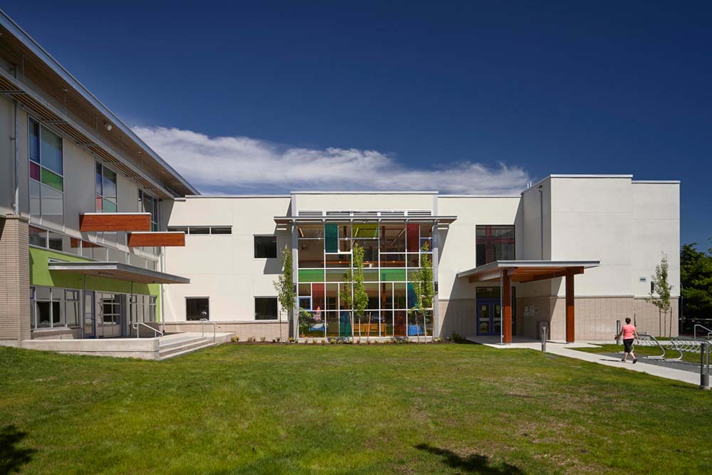 school with coloured windows